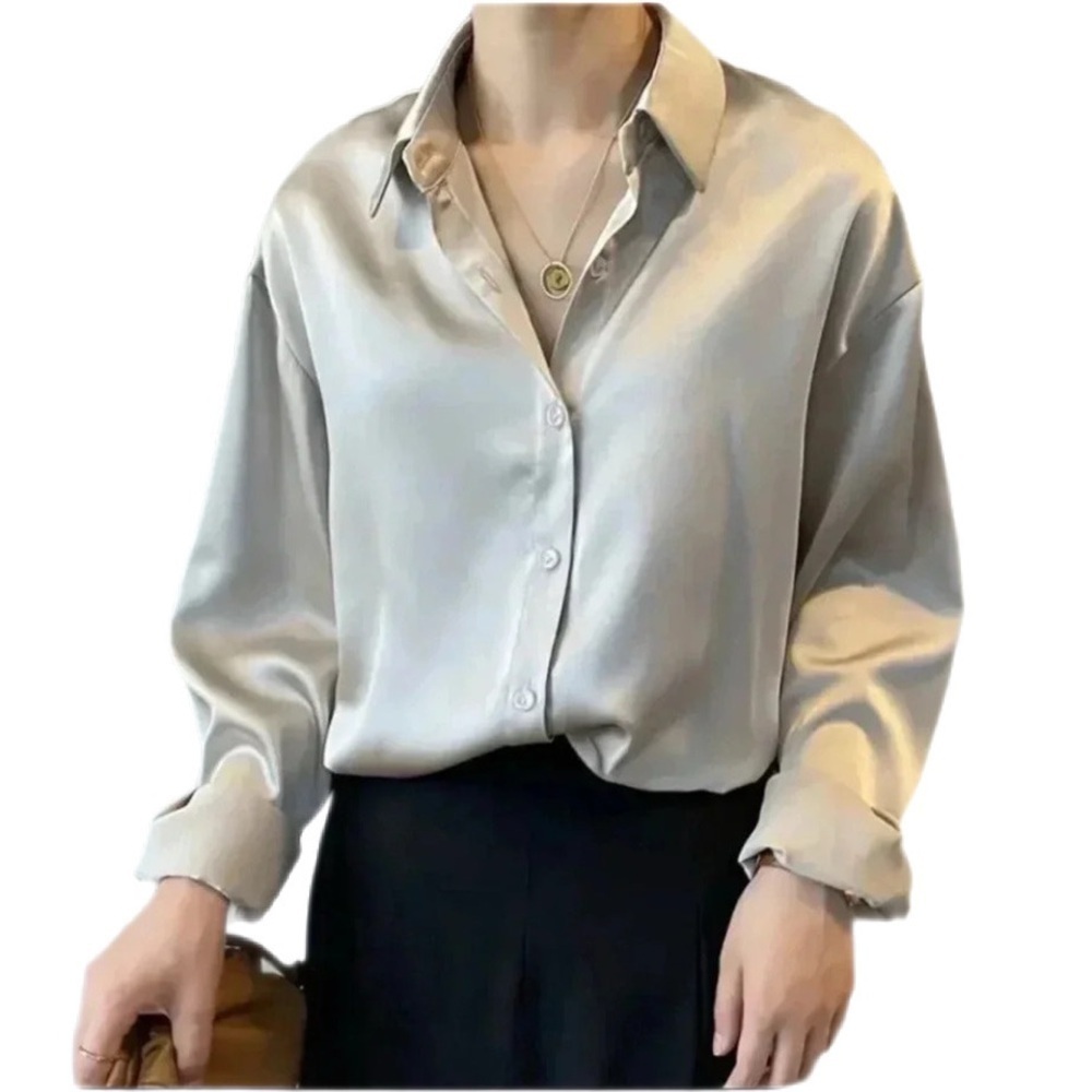 Ivory Apricot 100% Silk Blouse Loose Fit Satin Ling Sleeve Button Down NWT